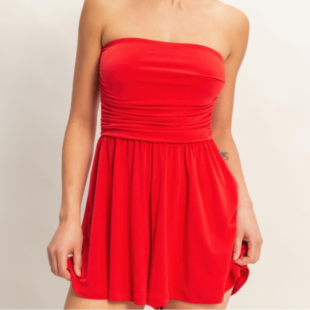 Gliks Tube Top Strapless Shirring Ruched Romper with Pockets Sz S